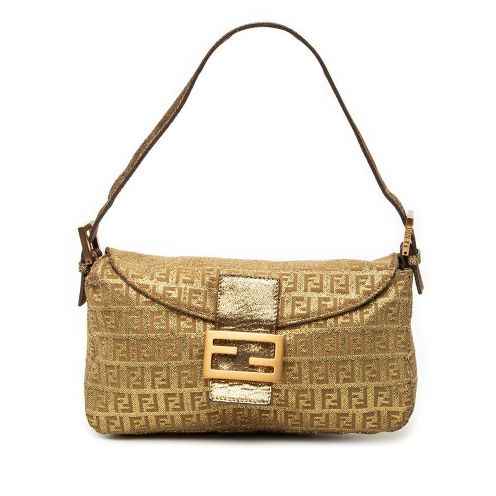 Fendi Zucchino Mamma Bucket 2way Shoulder Bag Gold Canvas Leather